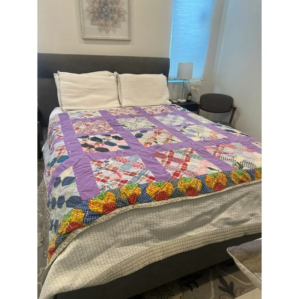 vintage 60-70's handmade patchwork quilt blanket twin size cottage core 6X5
